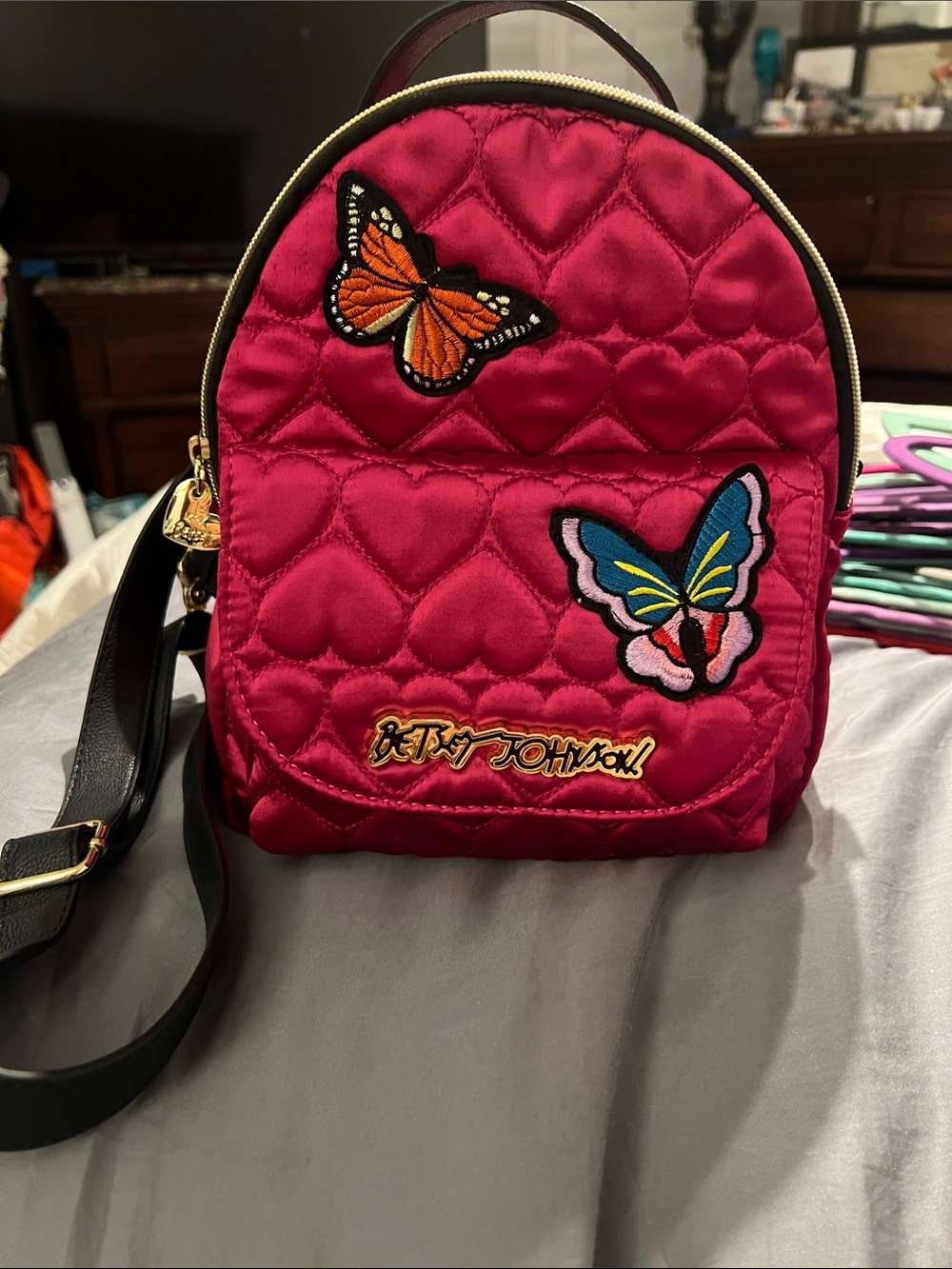NEW! Betsey Johnson Hot Pink Quilted Heart Backpack with Butterfly Patches-